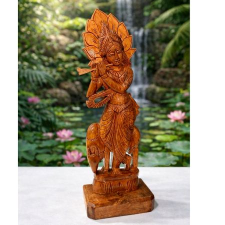 Handcrafted Wood Krishna Statue for Pooja Decor